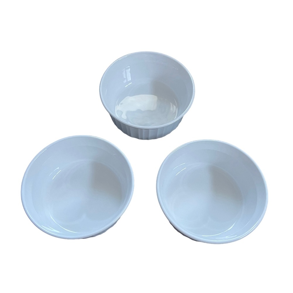 Three Corning Ware Stoneware White French Ramekin Bakeware Round Baking Dish EUC